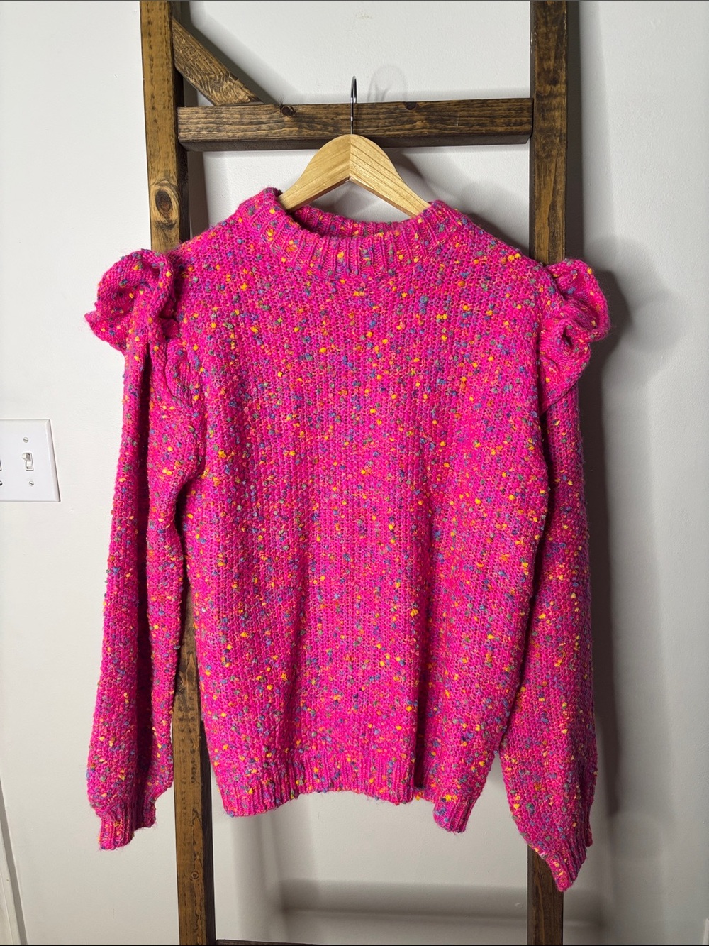 Main Strip Hot Pink Confetti Puff-Sleeve Sweater Size L